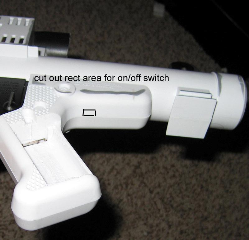 Once all dremeling is done, cut out a small rectangular area behind the grip for the on/off switch.