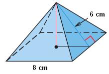 62. The pyramid shown has a square base that measures 8 cm on each side. The slant height of the pyramid is 6 cm. What is the surface area of the prism? GE 8.0 63.