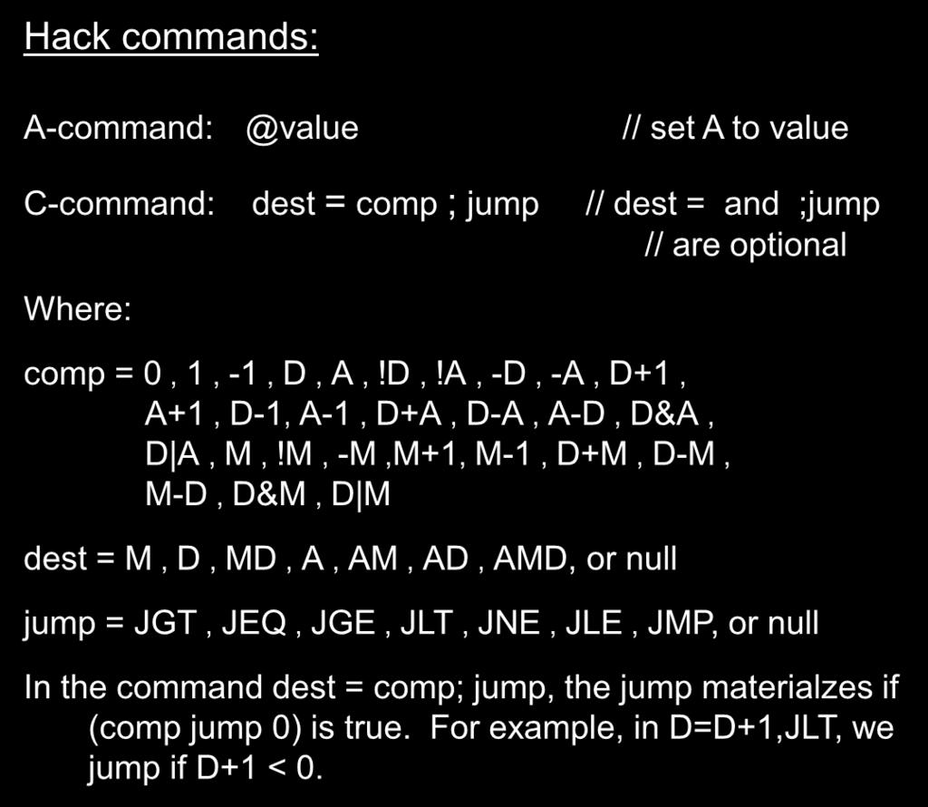 C-command: dest = comp ; jump // dest = and ;jump // are optional Where: comp = 0, 1, -1, D, A,!D,!A, -D, -A, D+1, A+1, D-1, A-1, D+A, D-A, A-D, D&A, D A, M,!