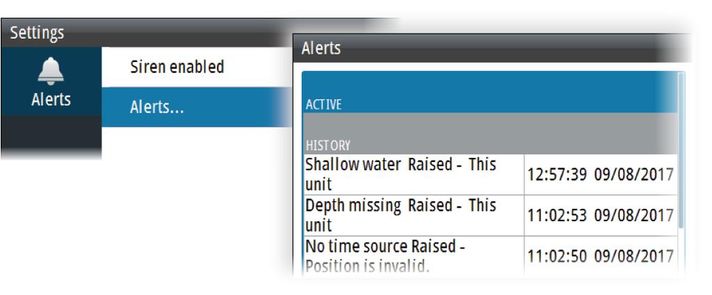 Entries are added to the history whenever an alert is raised, acknowledged, rectified or cleared. All alerts in the Alerts dialog include a time stamp.