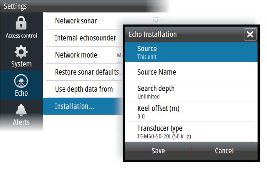 Internal echosounder When selected, the internal echosounder is available for selection in the echosounder panel menu. When unselected, this option disables the internal echosounder in the unit.