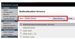 Select Auth Servers in the Authentication menu of the Administrator Console. From the dropdown box select Radius Server then click on New Server. Under Auth.