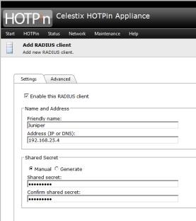 Tick Enable this RADIUS client. Enter name and IP address of the Juniper box. Apply shared secret.