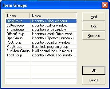 In the Edit groups window, double-click on DiagGroup. 8. Add the Sample form to this group by clicking on the add button.
