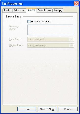 3.4.3 MX Data Tag Properties: Alarms In the Alarms tab of the Tag Properties dialog box, shown below, you can check the Generate Alarms check box to make the server generate a limit alarm and/or a