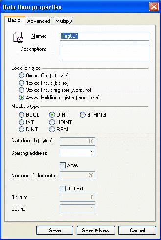3.4.6 Basic Modbus Data Tag Properties In the Basic tab of the Tag Properties dialog box, shown below, configure the following settings. Name: Enter a logical name for the data item.