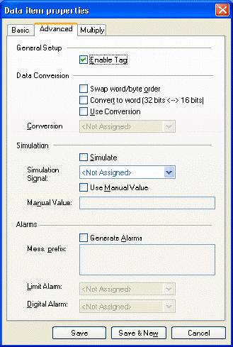3.4.7 Advanced Modbus Data Tag Properties In the Advanced tab of the Tag Properties dialog box, shown below, configure the following settings: To modify a tag, the tag must first be enabled by