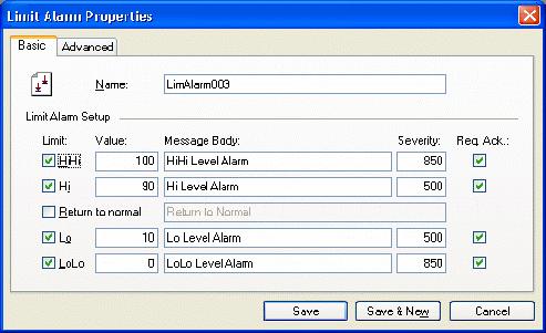 Creating a New Limit Alarm Definition 2. The Basic tab of the Limit Alarm Properties dialog box appears, as shown in the figure below. Limit Alarm Properties: Basic Tab 3.