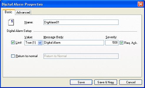 Creating a New Digital Alarm Definition 2. The Basic tab of the Digital Alarm Properties dialog box appears, as shown in the figure below. Digital Alarm Properties: Basic Tab 3.