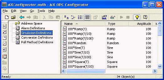 Simulation Signals MX OPC Server 5.1 Configuring Simulation Signals The Configurator offers a wide range of OPC data items in the Simulation Definitions tree control, as shown in the figure below.