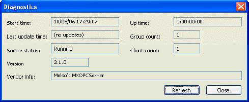 a new modeless dialog box, which shows various diagnostic information from the connected OPC server.