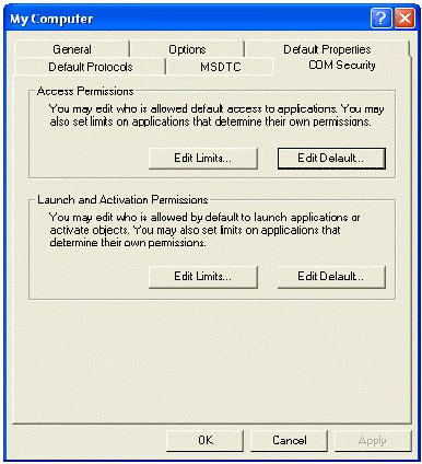 DCOM configuration Click on the COM security tab to show the dialog below: The Limits on this page will override the COM security settings for individual components, and from XP service pack 2
