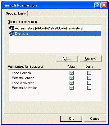 DCOM configuration Click OK to save the changes, then on the COM security screen click the Edit limits button in the Launch and Activation Permissions section to show the window below: Ensure that