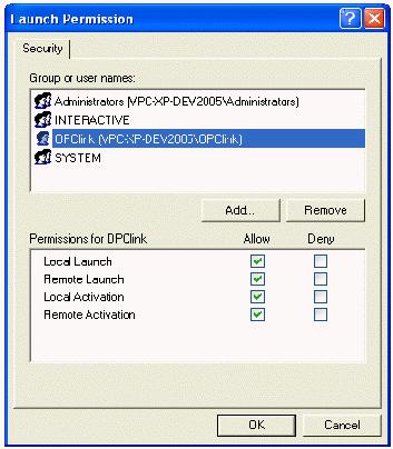 DCOM configuration A sample Launch and activation permissions edit window is shown below, in which a named user OPClink has been added.