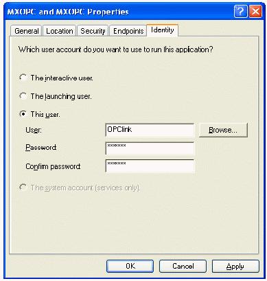 DCOM configuration After changing the settings on the security tab (if required), select the Identity tab. In the sample screen below, the server has been configured to run as a named user.