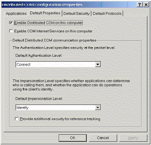 DCOM configuration Click on the Default properties tab to show the window below. Make sure that Enable distributed COM on this computer is checked.