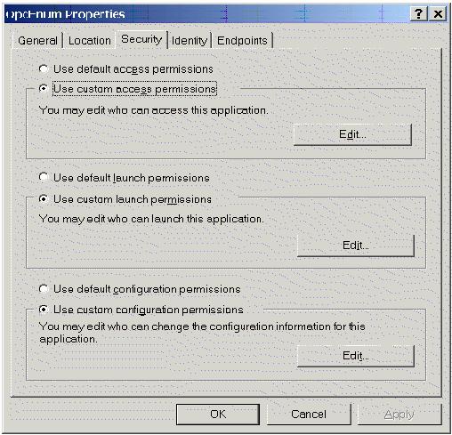 DCOM configuration In the Security tab (below), the Launch permissions and Access permissions can both be left as Use default to use the default security settings configured earlier.