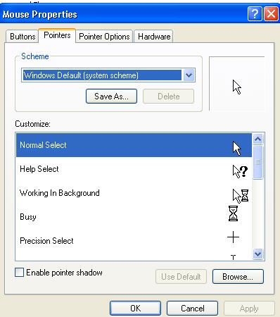 2. The Mouse Properties window will appear as shown below. Choose Pointer tab option.