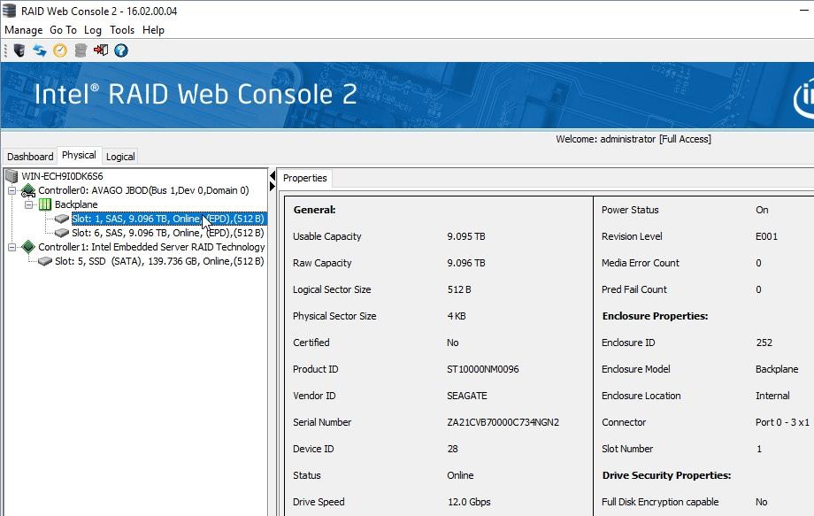 RAID Web Console shows the JBOD drives below. Drives can be removed from being presented by right clicking the drive and selecting "Delete EPD". You can re-add the drive by choosing "Make EPD".