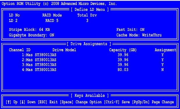 Note that the disk drives in Channels 1 and 2 reflect smaller capacities because a portion of their capacity belongs to the first logical drive.