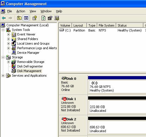 STEP2: Select Disk Management and you will see your hard drives show Unallocated.