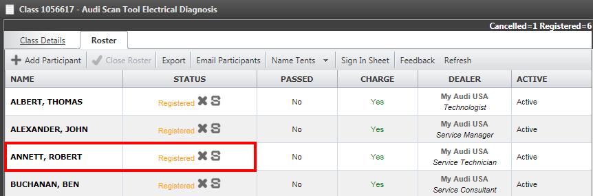 6. Click on Add Participant(s) to complete the process. The screen will go back to the Class Roster page where the added participant(s) now appears in the class roster.