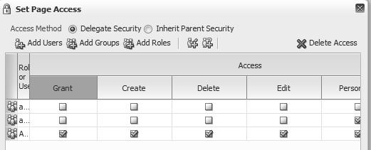 Creating an Enterprise Portal with WebCenter When you have specifi ed the delegate security, the list of access rules is populated based upon the rules of the parent.