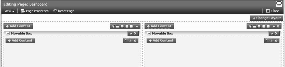 Chapter 1 3. Press the Add Content button in the fi rst area. This will open the resource catalog. 4. Open the Web Development folder and click on the add link from the Moveable Box component.