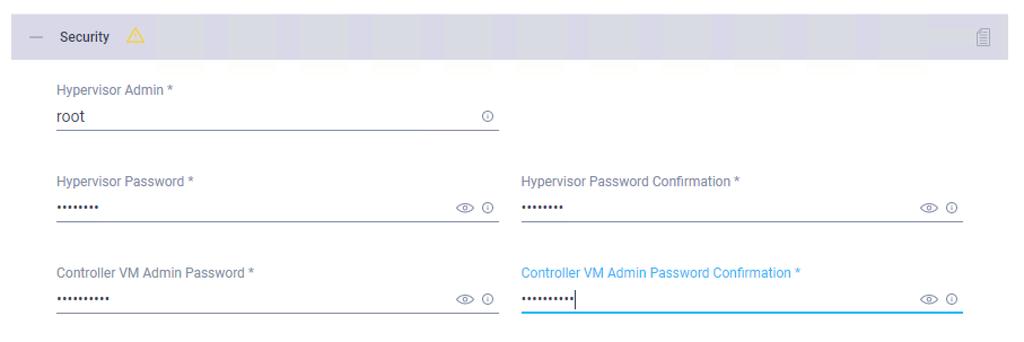 5. Click the + sign to expand the Security configuration. Enter root as the hypervisor administration user name and enter Cisco123 as the default hypervisor password in Cisco HyperFlex 2.6.