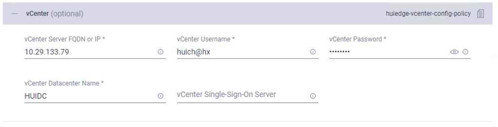 10. Click the + sign to expand the vcenter configuration page. Enter the vcenter Server FQDN or IP address, administration user name, and password.