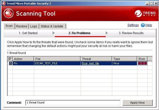 Trend Micro Portable Security 2 User's Guide Security Threats Found If the scan finds a threat, review the results before selecting an option. Fixing Threats Procedure 1.