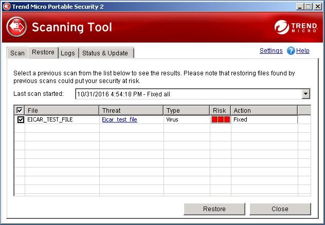 Trend Micro Portable Security 2 User's Guide 3. Select the date and time of the scan from the drop-down list next to Last scan started and the files that were quarantined during that scan will show.