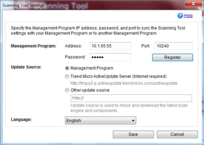 Using the Scanning Tool Note The Management Program settings are automatically disabled for Standalone Scanning Tool. 3. Specify an update source.