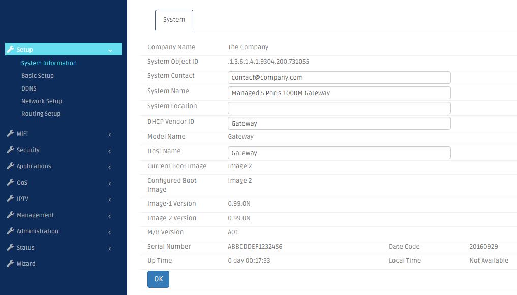 Status - To show the current status of each interface and the basic information of the Residential Gateway. And note that when a main tab appears in the dark blue background, it is currently selected.