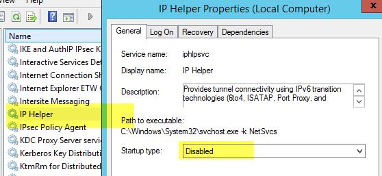 Optional: It s also recommend to disable the IP Helper service. Doing so, prevents the local system from listening for local IPv6 requests on the tunnel adaptor.