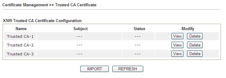 4.11.2 Trusted CA Certificate Trusted CA certificate lists three sets of trusted CA certificate.