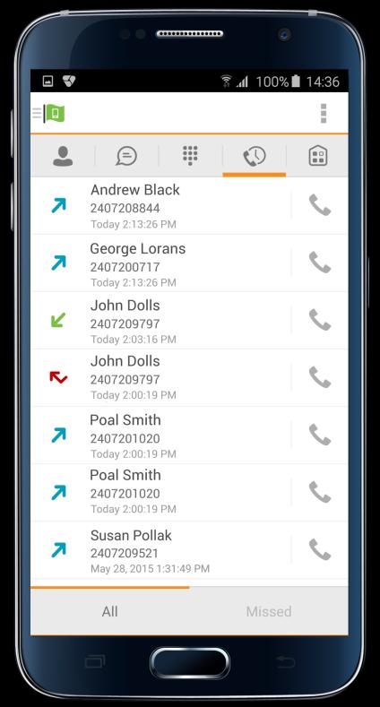 8 Call History Call history can be accessed from the History tab. WorkTime Mobile saves a call history for all and missed calls.