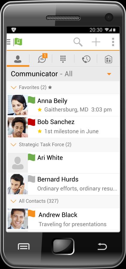 3 Main Tabs When you start WorkTime Mobile for the first time, your Contacts list is empty. You use the search field to find people and add them to your Contacts list.