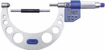 Large External Micrometer 210 Series Standard: DIN 863 Strong forged steel frame, hammertone finish, quality insulated grip Satin-chrome scale With tungsten carbide measuring faces and constant force