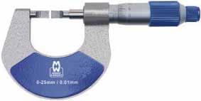 External Micrometer 200 Series Standard: DIN 863 / 1 Tungsten carbide measuring faces Satin - chrome scale Hammertone finish frame with insulated grip Tapered for easier access to difficult areas