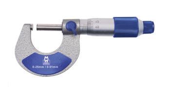 Value Line External Micrometer 200 Series Complies with: DIN 863 / 1 Tungsten carbide measuring faces Satin - chrome scale Hammertone finish frame with insulated grip Tapered for easier access to