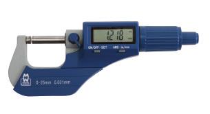 Value Line Digital External Micrometer 200 Series Standard: DIN 863 Large LCD display Tapered for easier access to difficult areas Hammertone finished frame with high quality insulated grip Tungsten