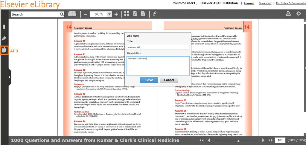Additional Feature 3 (Note): (refer to AF 3 of figure 30 below) Click on toolbar Place the cursor on the text in the reader Add Note pop-up appears Click on the Title box to add title for the notes