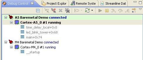 9. Click the down arrow next to the Debug Icon to re-connect the A5 debug session. Click Run after it connects.