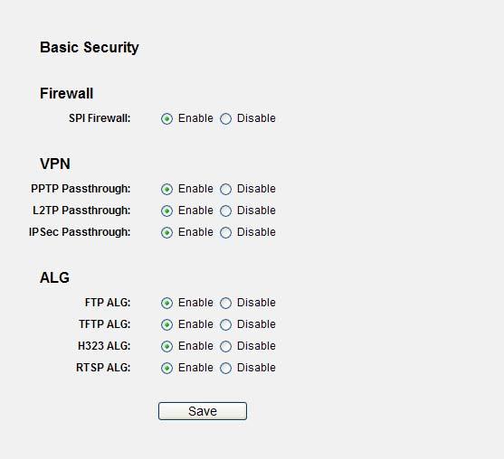 browser, and click Basic Security submenu. On the Basic Security page, check the Enable radio button next to H323 ALG. Remember to click the Save button. Figure A-7 Basic Security 4.