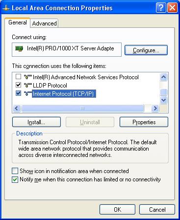 Figure 4-1 4) In the prompt window shown below, double click on the Internet Protocol (TCP/IP).