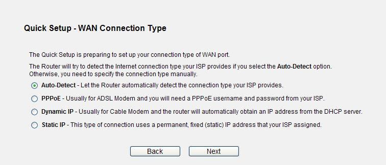 Click Next, and then WAN Connection Type page will appear, shown in Figure 4-13. Step 3. Select Auto-Detect, the Router will automatically detect the connection type your ISP provides.