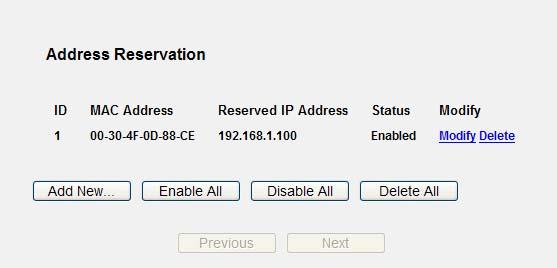Figure 5-21 Address Reservation The page includes the following fields: Object MAC Address Assigned IP Address Status Description The MAC address of the PC for which you want to reserve IP address.