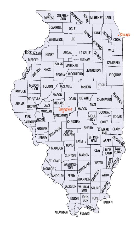 Figure 7: Geographic locations of Illinois counties. The illustration was obtained from http://quickfacts.census.gov/qfd/maps/illinois_map.html.