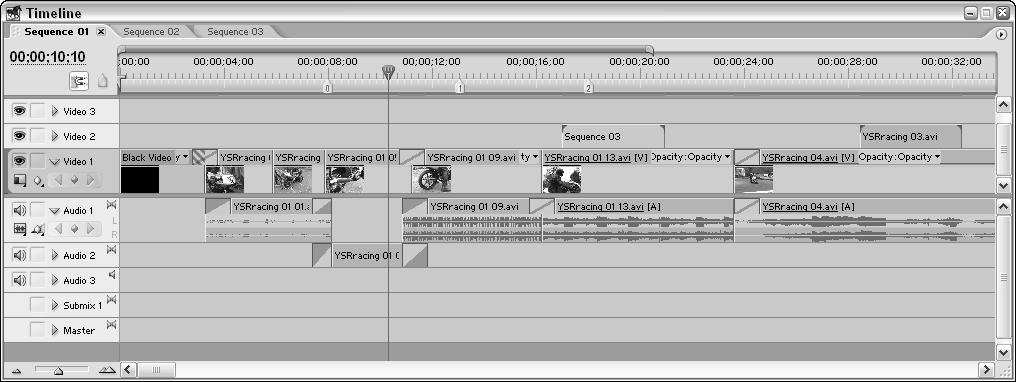 04 54344X Ch01.qxd 9/24/03 9:52 AM Page 16 16 Part I: Introducing Adobe Premiere Pro Premiere Pro is the possibility of multiple sequences in the Timeline.